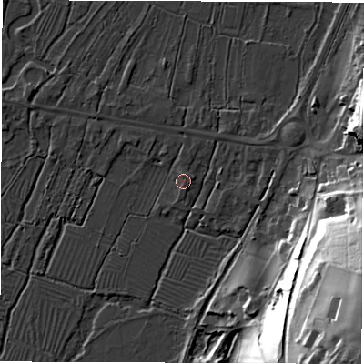 Shaded relief map of the ground around SO206ES, computed from Environment Agency LiDAR. The ground here sits at about 35 m above sea level and falls 53 m across the surrounding 800 m. Surface water reaching this point runs off ground lying to the north-north-east, 1.8 m higher.