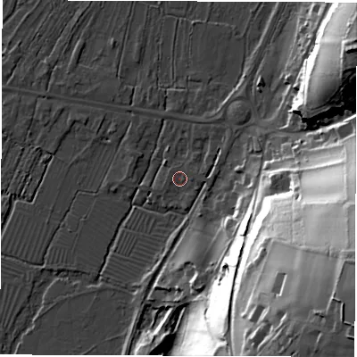 Shaded relief map of the ground around SO206ET, computed from Environment Agency LiDAR. The ground here sits at about 34 m above sea level and falls 58 m across the surrounding 800 m. Surface water reaching this point runs off ground lying to the east, 1.7 m higher.