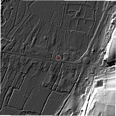 Shaded relief map of the ground around SO206EU, computed from Environment Agency LiDAR. The ground here sits at about 36 m above sea level and falls 52 m across the surrounding 800 m. Surface water reaching this point runs off ground lying to the south-south-east, 0.8 m higher.
