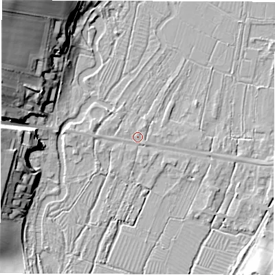 Shaded relief map of the ground around SO206EX, computed from Environment Agency LiDAR. The ground here sits at about 35 m above sea level and falls 28 m across the surrounding 800 m. Surface water reaching this point runs off ground lying to the north-east, 1.0 m higher.
