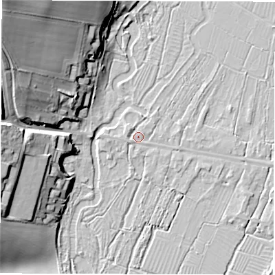 Shaded relief map of the ground around SO206EY, computed from Environment Agency LiDAR. The ground here sits at about 35 m above sea level and falls 34 m across the surrounding 800 m. Surface water reaching this point runs off ground lying to the north-east, 0.8 m higher.