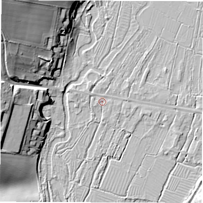 Shaded relief map of the ground around SO206HB, computed from Environment Agency LiDAR. The ground here sits at about 35 m above sea level and falls 31 m across the surrounding 800 m. Surface water reaching this point runs off ground lying to the north-north-east, 1.2 m higher.