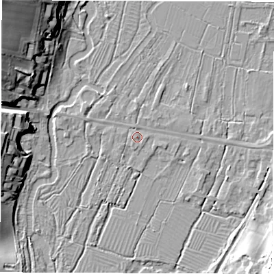 Shaded relief map of the ground around SO206HD, computed from Environment Agency LiDAR. The ground here sits at about 35 m above sea level and falls 23 m across the surrounding 800 m. Surface water reaching this point runs off ground lying to the north, 1.0 m higher.
