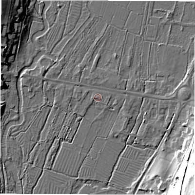 Shaded relief map of the ground around SO206HE, computed from Environment Agency LiDAR. The ground here sits at about 35 m above sea level and falls 42 m across the surrounding 800 m. Surface water reaching this point runs off ground lying to the south-east, 0.9 m higher.