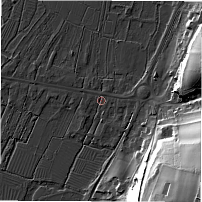 Shaded relief map of the ground around SO206HF, computed from Environment Agency LiDAR. The ground here sits at about 35 m above sea level and falls 57 m across the surrounding 800 m. Surface water reaching this point runs off ground lying to the north, 1.9 m higher.