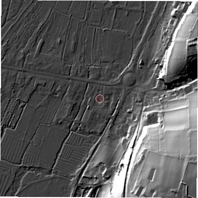 Shaded relief map of the ground around SO206HG, computed from Environment Agency LiDAR. The ground here sits at about 35 m above sea level and falls 58 m across the surrounding 800 m. Surface water reaching this point runs off ground lying to the east-north-east, 2.4 m higher.