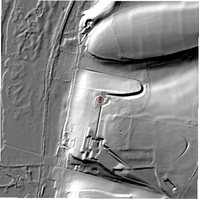 Shaded relief map of the ground around SO206JB, computed from Environment Agency LiDAR. The ground here sits at about 58 m above sea level and falls 46 m across the surrounding 800 m. Surface water reaching this point runs off ground lying to the south-east, 13.2 m higher.
