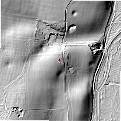Shaded relief map of the ground around SO206NA, computed from Environment Agency LiDAR. The ground here sits at about 45 m above sea level and falls 32 m across the surrounding 800 m. Surface water reaching this point runs off ground lying to the west-south-west, 3.7 m higher.