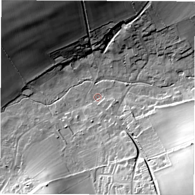 Shaded relief map of the ground around SO206NB, computed from Environment Agency LiDAR. The ground here sits at about 33 m above sea level and falls 39 m across the surrounding 800 m. Surface water reaching this point runs off ground lying to the east-south-east, 2.7 m higher.
