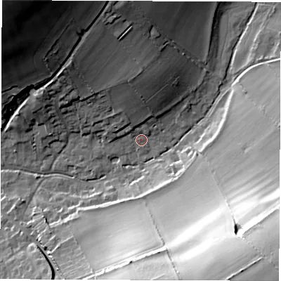 Shaded relief map of the ground around SO206NG, computed from Environment Agency LiDAR. The ground here sits at about 35 m above sea level and falls 50 m across the surrounding 800 m. Surface water reaching this point runs off ground lying to the north, 12.7 m higher.