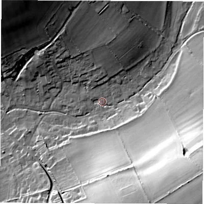 Shaded relief map of the ground around SO206NZ, computed from Environment Agency LiDAR. The ground here sits at about 34 m above sea level and falls 49 m across the surrounding 800 m. Surface water reaching this point runs off ground lying to the south-east, 46.3 m higher.