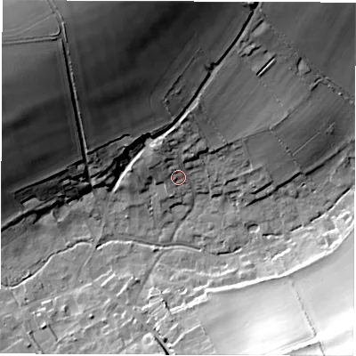 Shaded relief map of the ground around SO206PA, computed from Environment Agency LiDAR. The ground here sits at about 37 m above sea level and falls 48 m across the surrounding 800 m. Surface water reaching this point runs off ground lying to the north-north-west, 9.3 m higher.