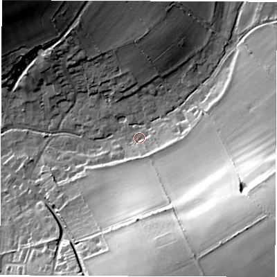 Shaded relief map of the ground around SO206PF, computed from Environment Agency LiDAR. The ground here sits at about 35 m above sea level and falls 50 m across the surrounding 800 m. Surface water reaching this point runs off ground lying to the south-east, 49.0 m higher.