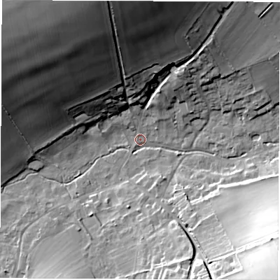 Shaded relief map of the ground around SO206PL, computed from Environment Agency LiDAR. The ground here sits at about 33 m above sea level and falls 42 m across the surrounding 800 m. Surface water reaching this point runs off ground lying to the north, 38.4 m higher.