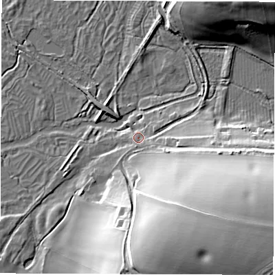 Shaded relief map of the ground around SO206PU, computed from Environment Agency LiDAR. The ground here sits at about 31 m above sea level and falls 35 m across the surrounding 800 m. Surface water reaching this point runs off ground lying to the east-south-east, 3.1 m higher.