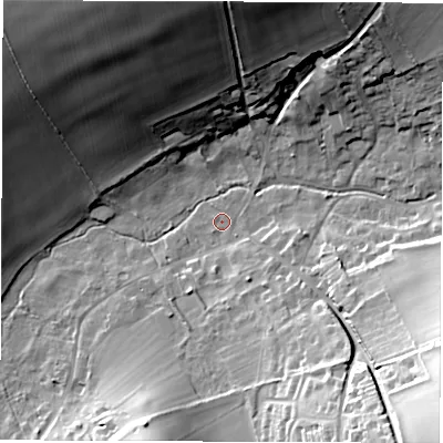 Shaded relief map of the ground around SO206PW, computed from Environment Agency LiDAR. The ground here sits at about 33 m above sea level and falls 38 m across the surrounding 800 m. Surface water reaching this point runs off ground lying to the south-east, 32.2 m higher.