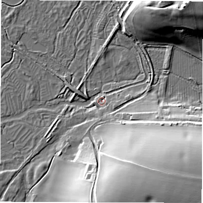 Shaded relief map of the ground around SO206PX, computed from Environment Agency LiDAR. The ground here sits at about 29 m above sea level and falls 35 m across the surrounding 800 m. Surface water reaching this point runs off ground lying to the south-east, 6.2 m higher.