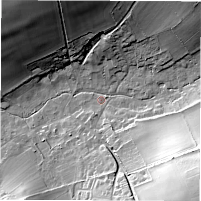 Shaded relief map of the ground around SO206PZ, computed from Environment Agency LiDAR. The ground here sits at about 34 m above sea level and falls 43 m across the surrounding 800 m. Surface water reaching this point runs off ground lying to the south-east, 42.6 m higher.