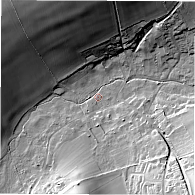 Shaded relief map of the ground around SO206RP, computed from Environment Agency LiDAR. The ground here sits at about 33 m above sea level and falls 38 m across the surrounding 800 m. Surface water reaching this point runs off ground lying to the north-north-west, 35.7 m higher.