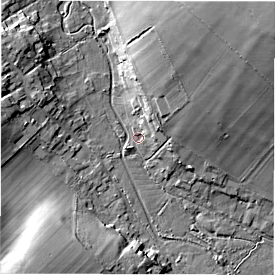 Shaded relief map of the ground around SO208AY, computed from Environment Agency LiDAR. The ground here sits at about 38 m above sea level and falls 27 m across the surrounding 800 m. Surface water reaching this point runs off ground lying to the north-east, 7.0 m higher.