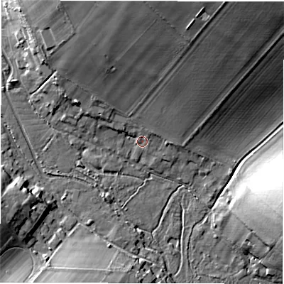 Shaded relief map of the ground around SO208AZ, computed from Environment Agency LiDAR. The ground here sits at about 38 m above sea level and falls 23 m across the surrounding 800 m. Surface water reaching this point runs off ground lying to the north-north-east, 14.4 m higher.