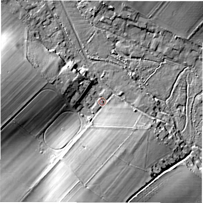 Shaded relief map of the ground around SO208BD, computed from Environment Agency LiDAR. The ground here sits at about 39 m above sea level and falls 22 m across the surrounding 800 m. Surface water reaching this point runs off ground lying to the south, 18.8 m higher.