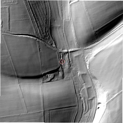 Shaded relief map of the ground around SO208DR, computed from Environment Agency LiDAR. The ground here sits at about 47 m above sea level and falls 37 m across the surrounding 800 m. Surface water reaching this point runs off ground lying to the west, 24.2 m higher.