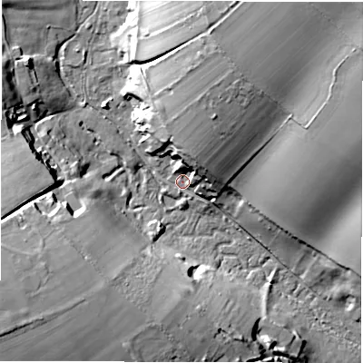 Shaded relief map of the ground around SO208EL, computed from Environment Agency LiDAR. The ground here sits at about 56 m above sea level and falls 25 m across the surrounding 800 m. Surface water reaching this point runs off ground lying to the north-north-east, 16.6 m higher.