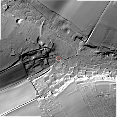 Shaded relief map of the ground around SO208EN, computed from Environment Agency LiDAR. The ground here sits at about 54 m above sea level and falls 26 m across the surrounding 800 m. Surface water reaching this point runs off ground lying to the south-south-east, 23.3 m higher.