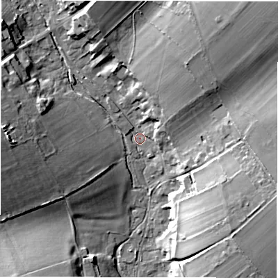 Shaded relief map of the ground around SO208EQ, computed from Environment Agency LiDAR. The ground here sits at about 59 m above sea level and falls 25 m across the surrounding 800 m. Surface water reaching this point runs off ground lying to the north-east, 22.7 m higher.