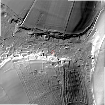 Shaded relief map of the ground around SO208ET, computed from Environment Agency LiDAR. The ground here sits at about 52 m above sea level and falls 30 m across the surrounding 800 m. Surface water reaching this point runs off ground lying to the south-west, 25.5 m higher.