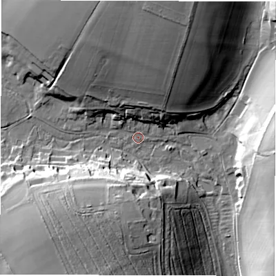 Shaded relief map of the ground around SO208EW, computed from Environment Agency LiDAR. The ground here sits at about 52 m above sea level and falls 28 m across the surrounding 800 m. Surface water reaching this point runs off ground lying to the north, 25.6 m higher.