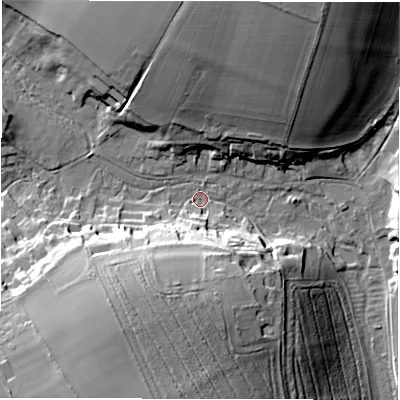 Shaded relief map of the ground around SO208EX, computed from Environment Agency LiDAR. The ground here sits at about 52 m above sea level and falls 29 m across the surrounding 800 m. Surface water reaching this point runs off ground lying to the south-south-west, 25.9 m higher.