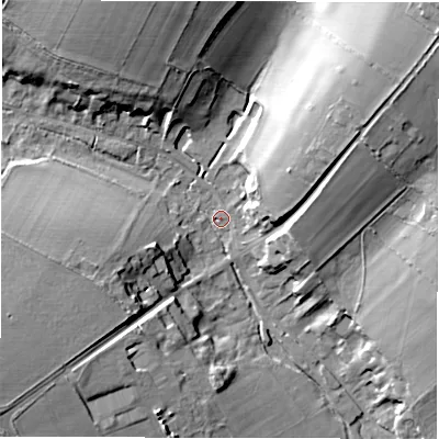 Shaded relief map of the ground around SO208HN, computed from Environment Agency LiDAR. The ground here sits at about 62 m above sea level and falls 26 m across the surrounding 800 m. Surface water reaching this point runs off ground lying to the north-east, 23.0 m higher.