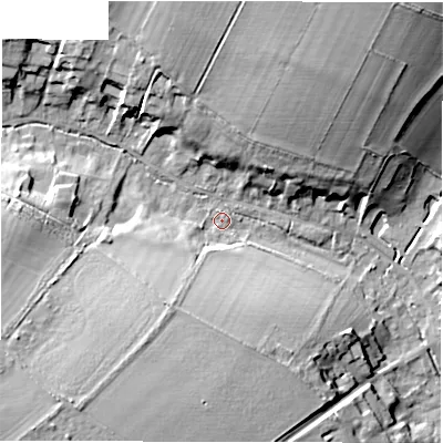 Shaded relief map of the ground around SO208HP, computed from Environment Agency LiDAR. The ground here sits at about 64 m above sea level and falls 24 m across the surrounding 800 m. Surface water reaching this point runs off ground lying to the south-west, 19.1 m higher.