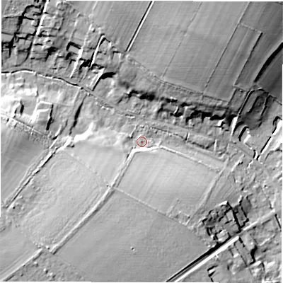 Shaded relief map of the ground around SO208HR, computed from Environment Agency LiDAR. The ground here sits at about 65 m above sea level and falls 24 m across the surrounding 800 m. Surface water reaching this point runs off ground lying to the south-west, 18.8 m higher.