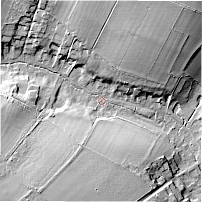 Shaded relief map of the ground around SO208HS, computed from Environment Agency LiDAR. The ground here sits at about 64 m above sea level and falls 24 m across the surrounding 800 m. Surface water reaching this point runs off ground lying to the north-north-east, 19.6 m higher.