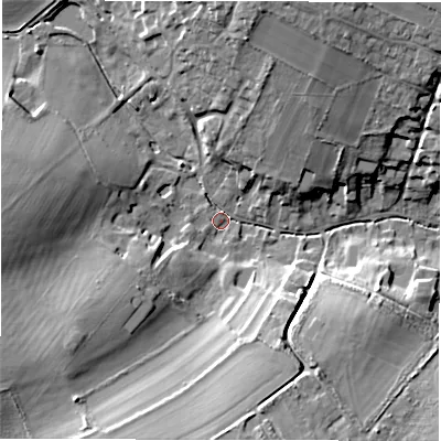 Shaded relief map of the ground around SO208HU, computed from Environment Agency LiDAR. The ground here sits at about 69 m above sea level and falls 20 m across the surrounding 800 m. Surface water reaching this point runs off ground lying to the north-north-east, 16.8 m higher.