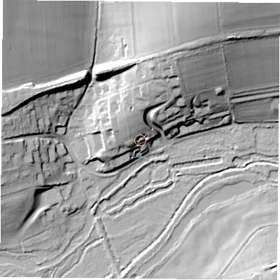Shaded relief map of the ground around SO211BQ, computed from Environment Agency LiDAR. The ground here sits at about 54 m above sea level and falls 36 m across the surrounding 800 m. Surface water reaching this point runs off ground lying to the north, 13.3 m higher.