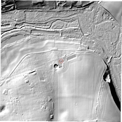 Shaded relief map of the ground around SO211BZ, computed from Environment Agency LiDAR. The ground here sits at about 57 m above sea level and falls 28 m across the surrounding 800 m. Surface water reaching this point runs off ground lying to the south-south-east, 2.2 m higher.