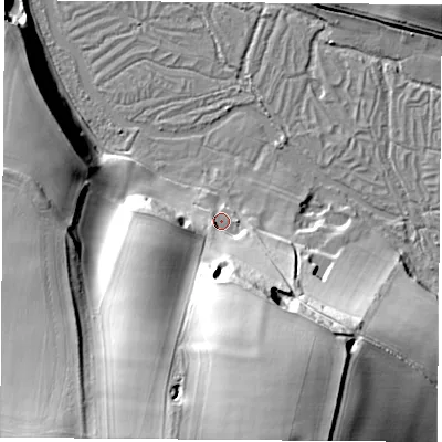 Shaded relief map of the ground around SO211DA, computed from Environment Agency LiDAR. The ground here sits at about 53 m above sea level and falls 43 m across the surrounding 800 m. Surface water reaching this point runs off ground lying to the south, 39.1 m higher.