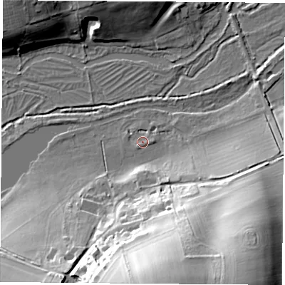 Shaded relief map of the ground around SO211DB, computed from Environment Agency LiDAR. The ground here sits at about 47 m above sea level and falls 36 m across the surrounding 800 m. Surface water reaching this point runs off ground lying to the east-south-east, 1.0 m higher.