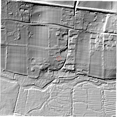 Shaded relief map of the ground around SO211EB, computed from Environment Agency LiDAR. The ground here sits at about 50 m above sea level and falls 28 m across the surrounding 800 m. Surface water reaching this point runs off ground lying to the north-north-west, 4.8 m higher.