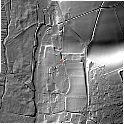 Shaded relief map of the ground around SO211NT, computed from Environment Agency LiDAR. The ground here sits at about 35 m above sea level and falls 39 m across the surrounding 800 m. Surface water reaching this point runs off ground lying to the east-south-east, 10.9 m higher.