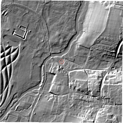 Shaded relief map of the ground around SO211QE, computed from Environment Agency LiDAR. The ground here sits at about 25 m above sea level and falls 20 m across the surrounding 800 m. Surface water reaching this point runs off ground lying to the south-east, 16.8 m higher.