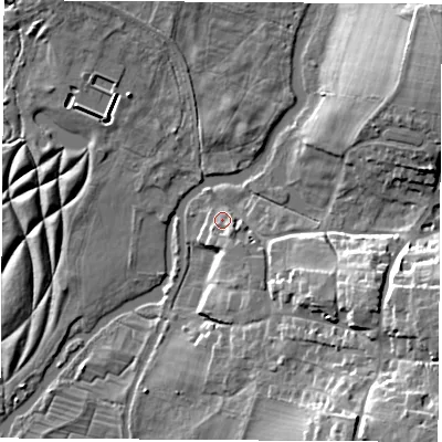 Shaded relief map of the ground around SO211QF, computed from Environment Agency LiDAR. The ground here sits at about 26 m above sea level and falls 20 m across the surrounding 800 m. Surface water reaching this point runs off ground lying to the south-east, 2.8 m higher.