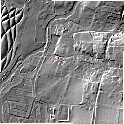 Shaded relief map of the ground around SO211QJ, computed from Environment Agency LiDAR. The ground here sits at about 27 m above sea level and falls 27 m across the surrounding 800 m. Surface water reaching this point runs off ground lying to the east-south-east, 2.3 m higher.