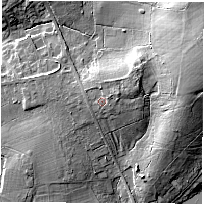 Shaded relief map of the ground around SO211TL, computed from Environment Agency LiDAR. The ground here sits at about 41 m above sea level and falls 20 m across the surrounding 800 m. Surface water reaching this point runs off ground lying to the east-north-east, 2.8 m higher.