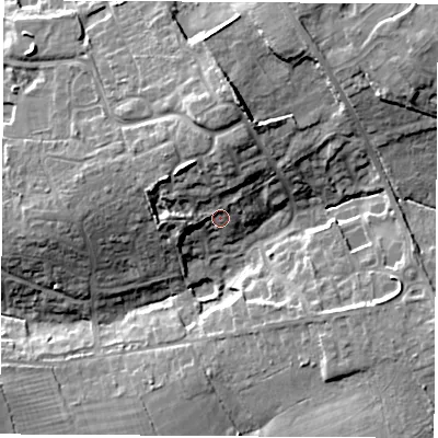 Shaded relief map of the ground around SO211TQ, computed from Environment Agency LiDAR. The ground here sits at about 36 m above sea level and falls 18 m across the surrounding 800 m. Surface water reaching this point runs off ground lying to the north, 8.5 m higher.