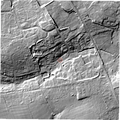 Shaded relief map of the ground around SO211UU, computed from Environment Agency LiDAR. The ground here sits at about 33 m above sea level and falls 17 m across the surrounding 800 m. Surface water reaching this point runs off ground lying to the north, 12.8 m higher.